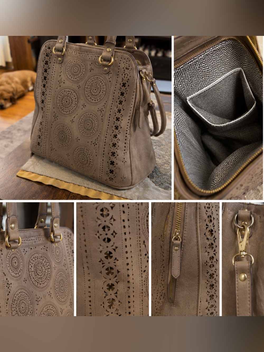 Laser-Cut Satchel Handbag in Taupe